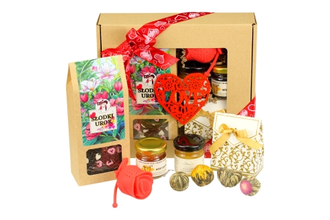 EKSKLUZYWNY WALENTYNKOWY ZESTAW HERBAT + Miód, Zaparzacz, Konfitura !!